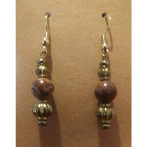 Beaded Earrings, Wood Beads, Dangle, Handcrafted, Goldtone